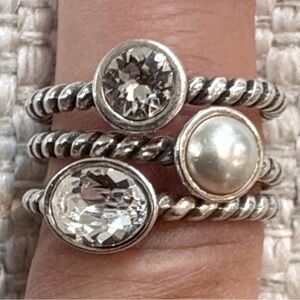 Brighton Pearl and CZ Sterling Silver 3 Band Ring Sz 5